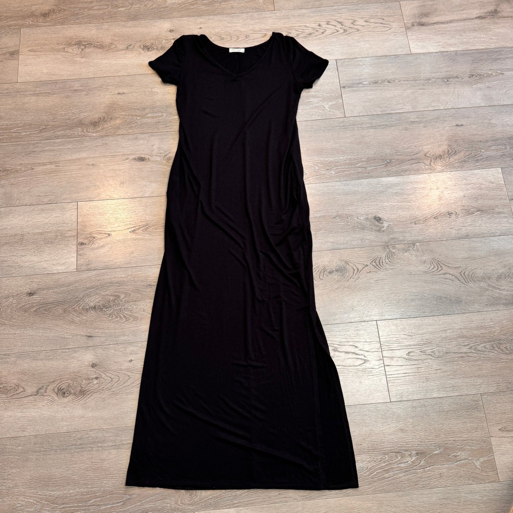 Black V Neck Short Sleeve Side Slit Maxi Dress Casual T Shirt Style Size Small S